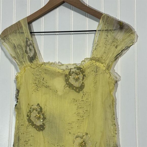 Misomiso Yellow Sheer Beaded Floral Top L 100% Silk Fairycore Romantic NWT - Picture 3 of 11